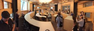 Oval classroom. Teaching in the round! (Panorama mode does weird things to moving people.) #utsgehry #utsreveal