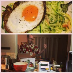 SPIRALIZER!! Zucchini pasta with crispy fried egg. (This is how we get crazy on a Friday night.)