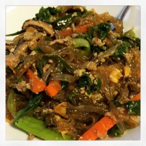 My first ever attempt at making japchae! Only followed 60% of recipe though; threw in all the leftover veg in the fridge. It's yummy.