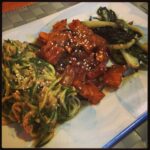 Korean dinner by me: spicy pork bulgogi, sesame cucumber noodles, and sautéed greens. #spiralizer YUM