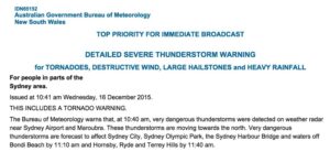 Tornado warning in Sydney?! That's the first I've seen in fourteen years. Thanks, global warming. It's just like I'm back in Indiana. :( Hunkering down with the cats...