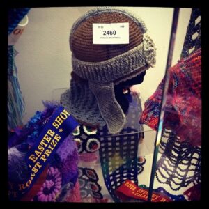 My fave entries from Easter Show: crochet medieval helmet and sushi scarf. #notallvomit