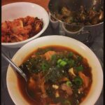 Korean food! Kimchi stew with squash and kale, and spicy cucumber side dish. I made it all. :)